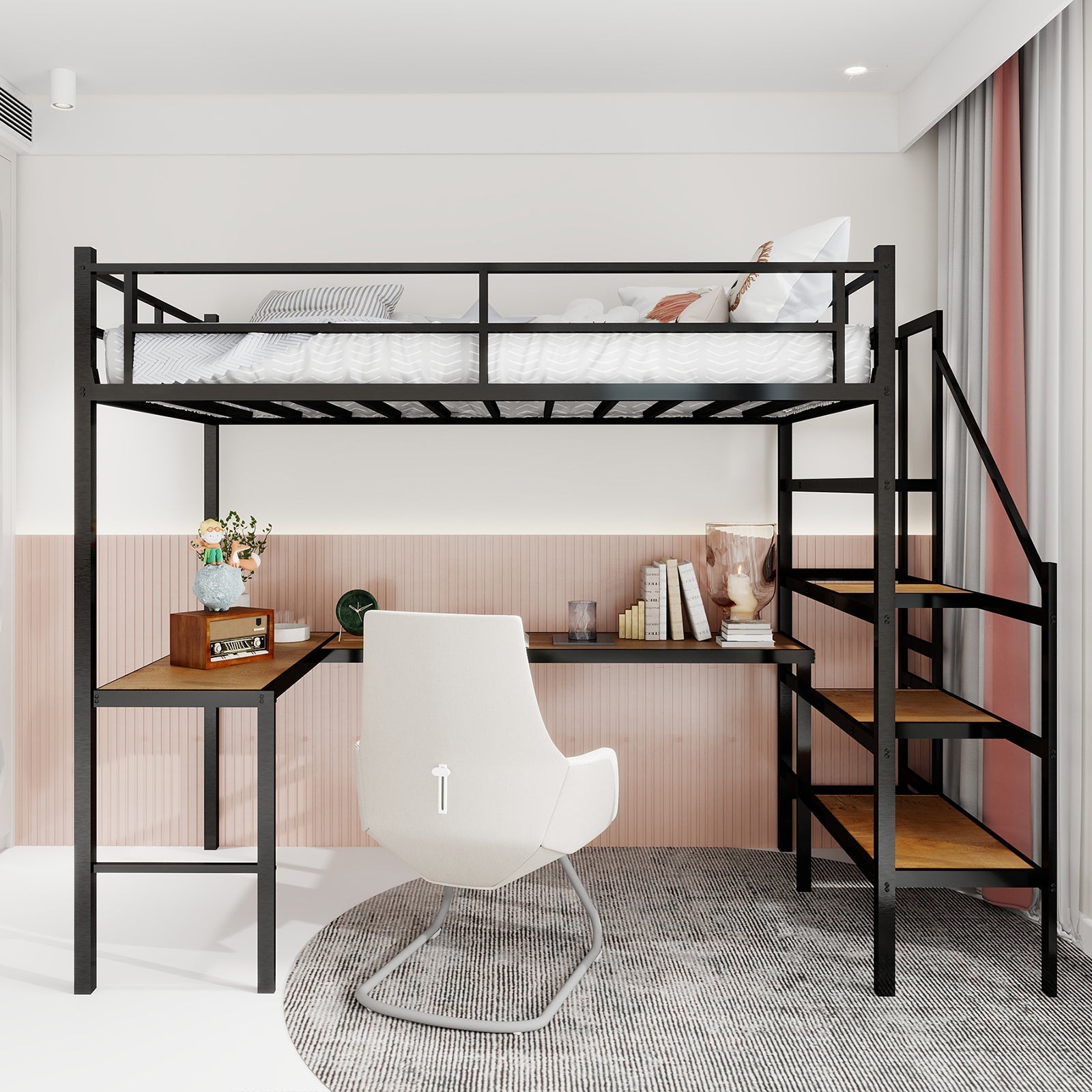 Loft Bed with L-shaped Desk, Storage & Stairs, Sturdy Metal