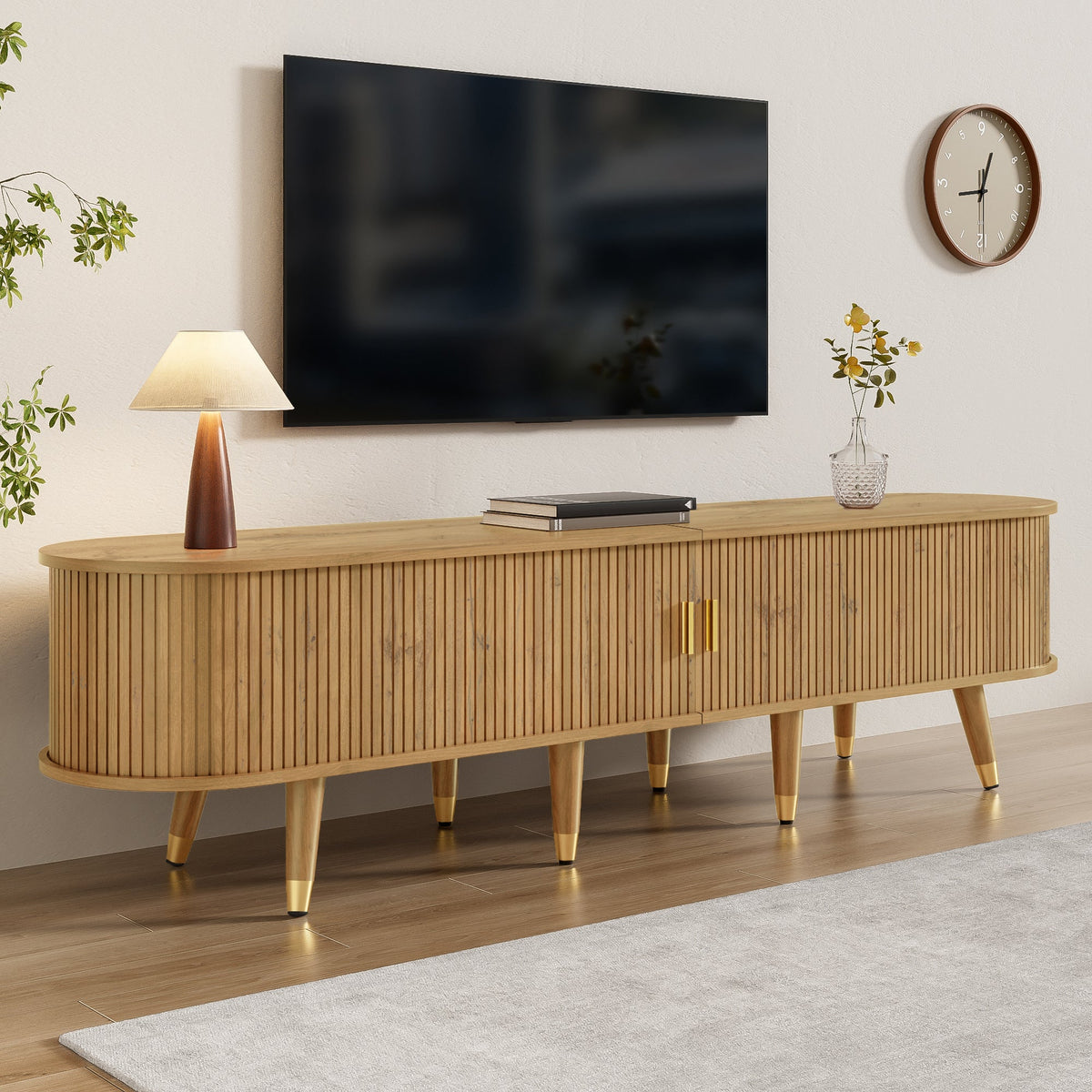 TV Cabinet Sliding Doors Media Console Wood Grain