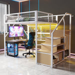 Loft Bed, 140x200 with LED Light Strips & Storage Stairs, Metal White