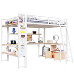 Loft Bed with Desk, LED Lights, Storage and USB Port, 140 x 200 cm, White Iron Frame