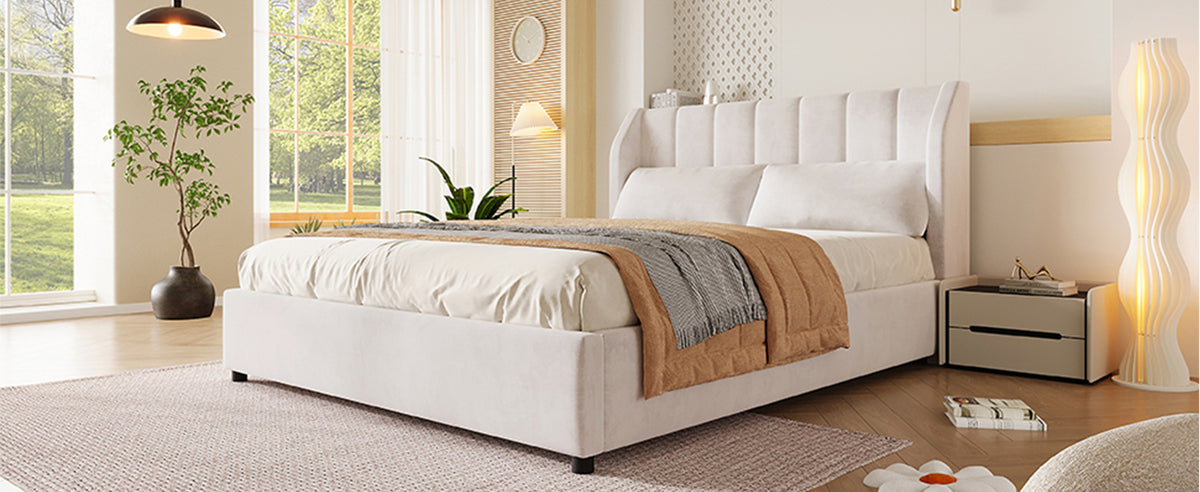Upholstered Platform Bed 140x200cm with Slatted Base, Velvet Beige