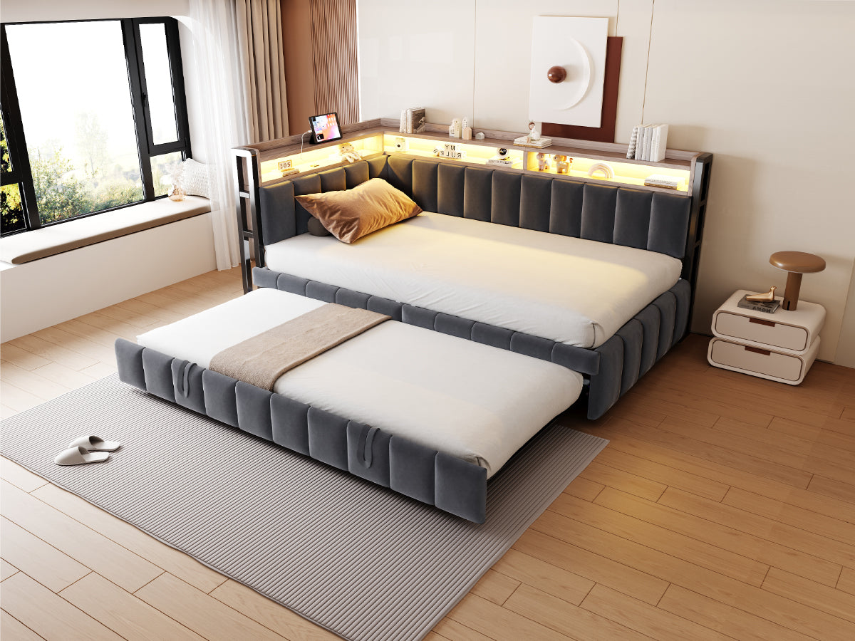 Upholstered Sofa Bed 90x200cm with Trundle & LED, Dark Grey Velvet
