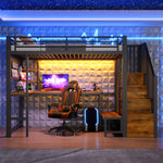 Loft Bed 90x200cm with Desk, LED Lighting & Storage, Black