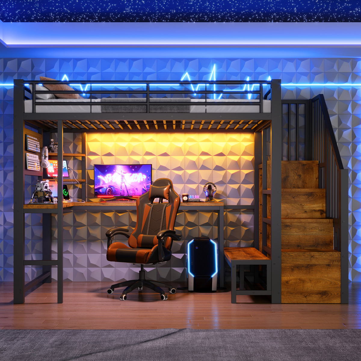 Loft Bed 90x200cm with Desk, LED Lighting & Storage, Black