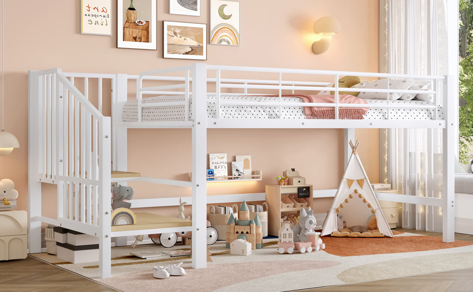 Semi-High Loft Bed 90 x 200 cm with Storage Stairs, White