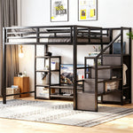 Loft Bed with TV Stand, Power Outlet and Safety Ladder, 140x200cm, Black Metal and Wood