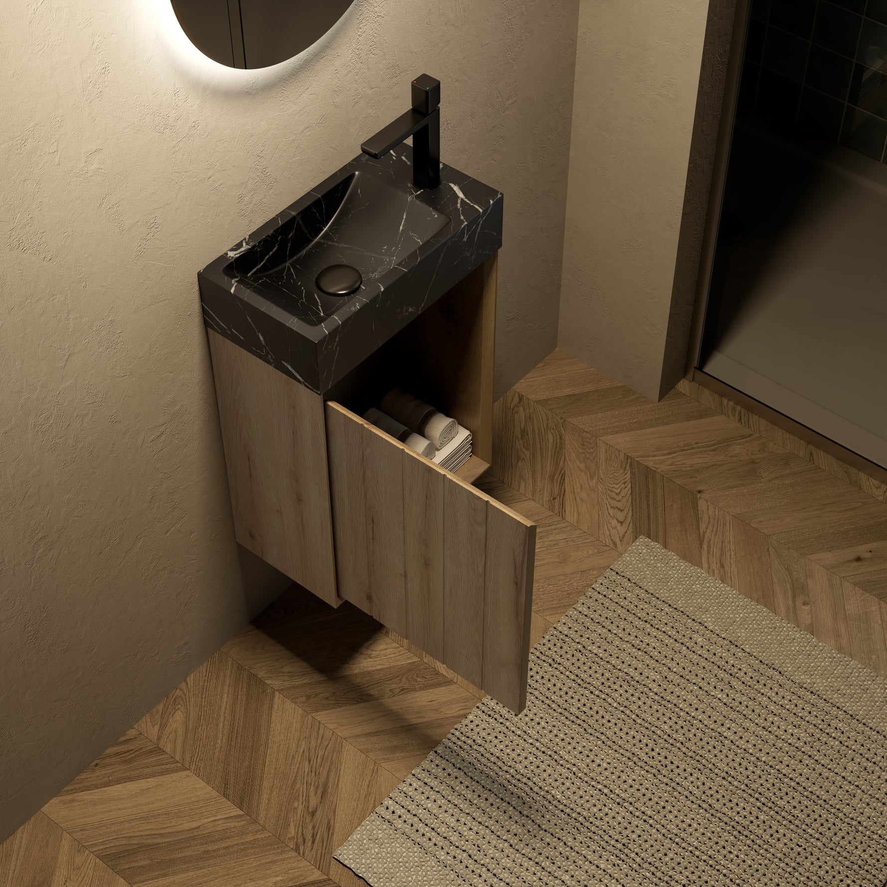 Wall-Mounted Bathroom Vanity Unit with Undermount Sink and Striped Cabinet, White Oak Wood Grain
