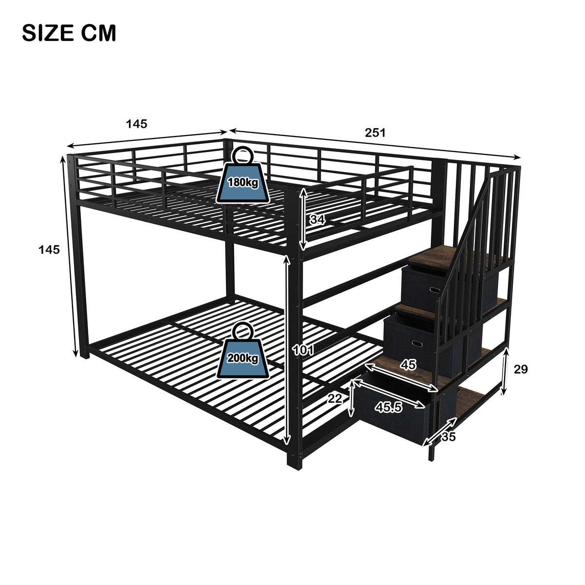 Metal Bunk Bed 140x200cm with Storage Stairs & LED Light, Black