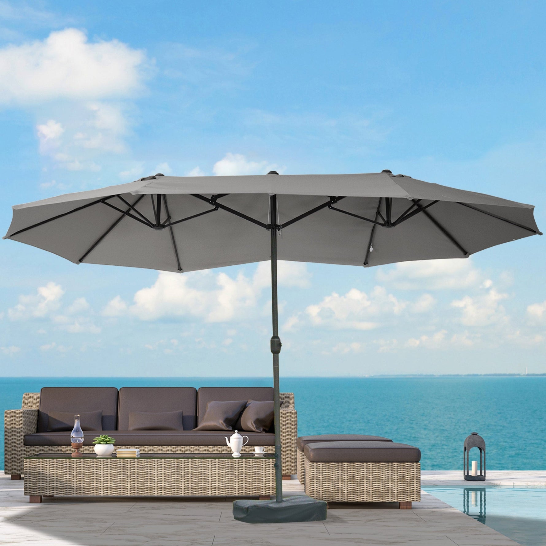Double Parasol 460x270cm Oval Hand Crank with Stand, Dark Grey