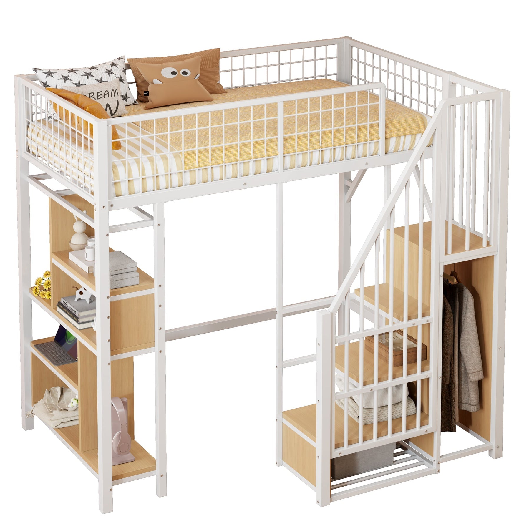Multifunctional Loft Bed 90x200cm Storage Shelves Stairs, Metal White