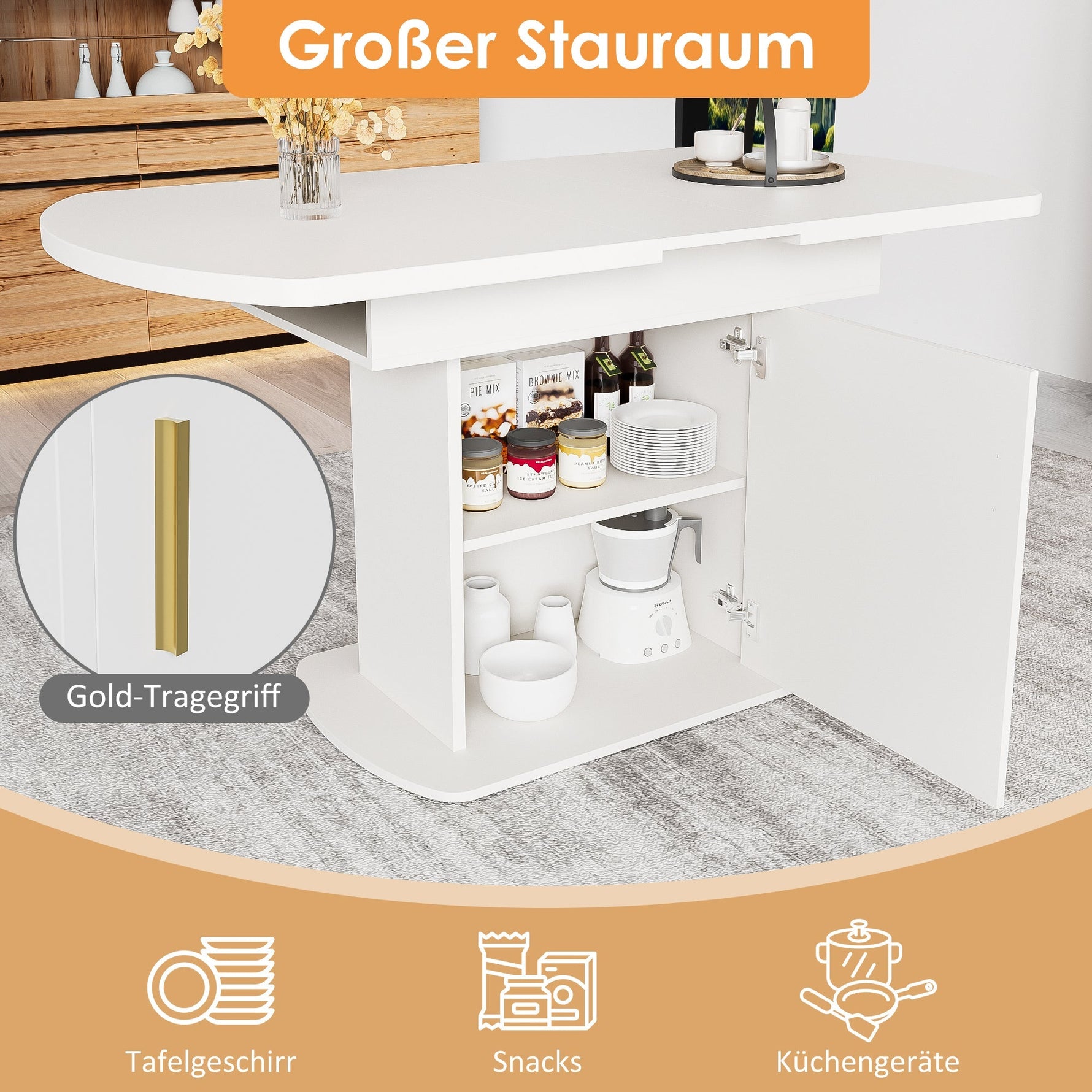 Dining Table Extendable Oval Storage White + Gold Handle