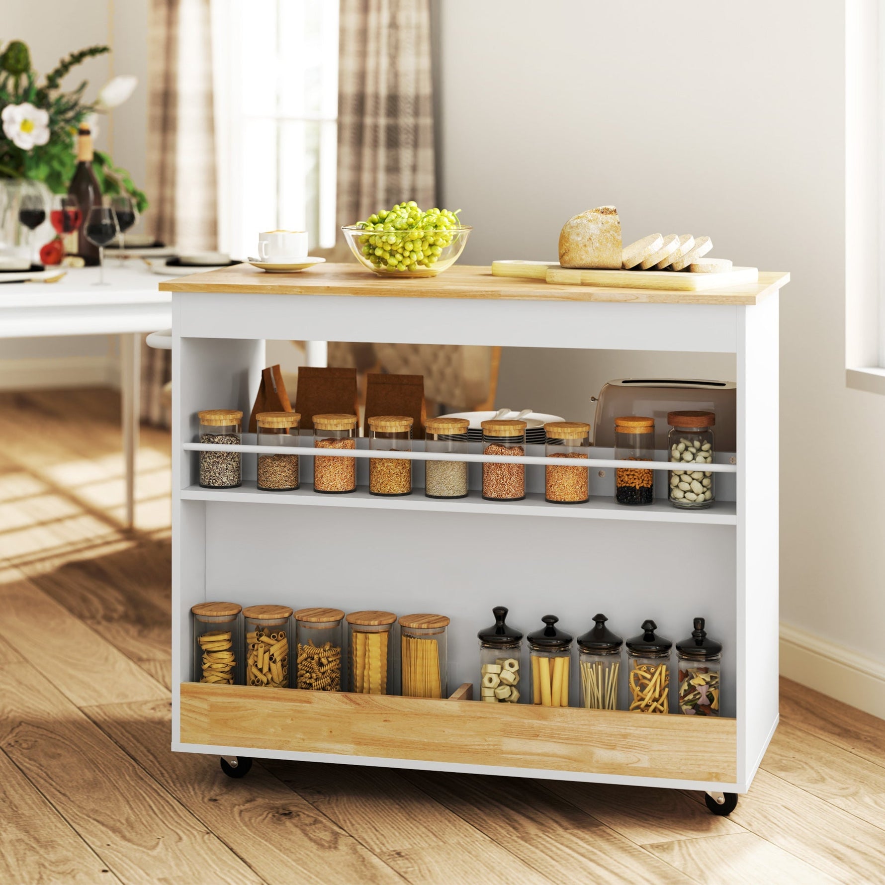 Kitchen Cart with Drawers, Cabinet, and Handle, Oak