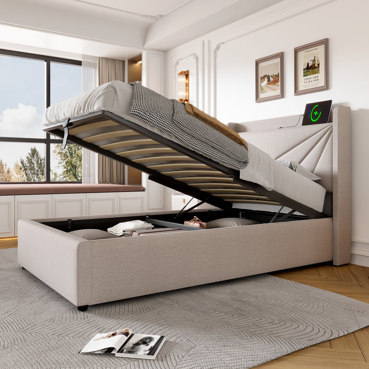 Upholstered Bed, Single with Storage & USB Type-C Headboard, Linen