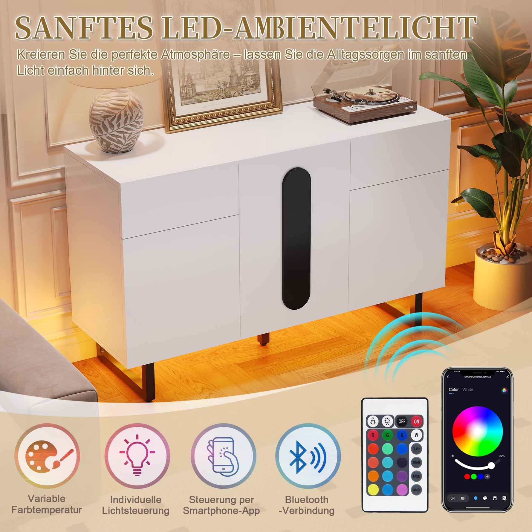 Sideboard 120cm Modern Storage Drawers Doors - White/Black