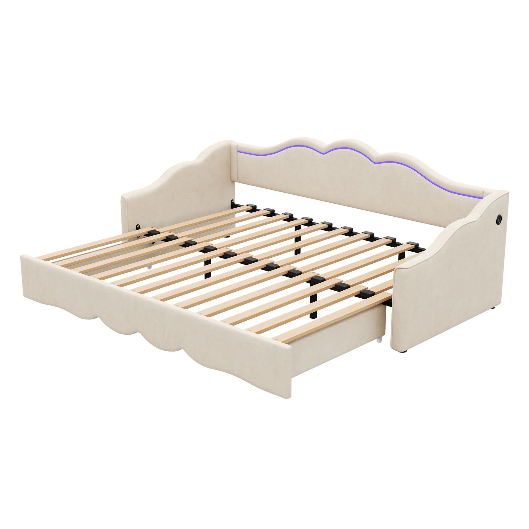 Upholstered Daybed, 90x200cm Extendable to 180cm with LED and USB Port, Beige Velvet