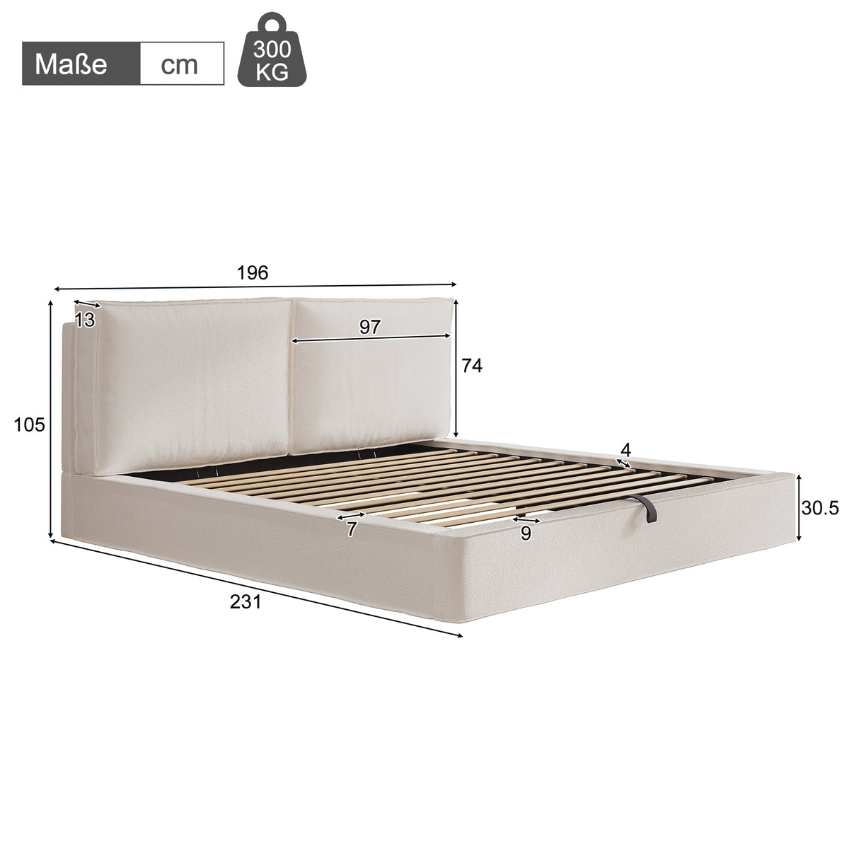 Upholstered Double Bed 180x200cm Hydraulic Storage, Beige Bouclé