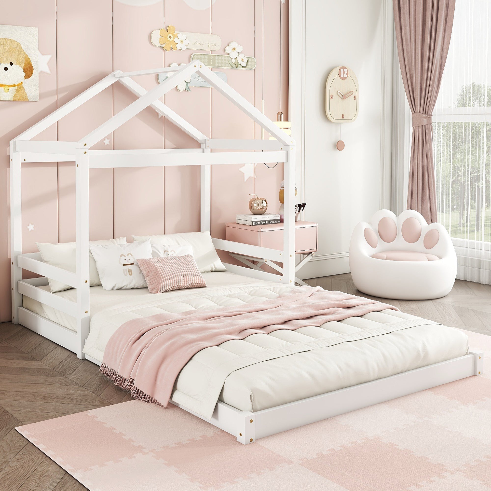 House Bed 140x200cm House Shape Slatted Base - White Pine
