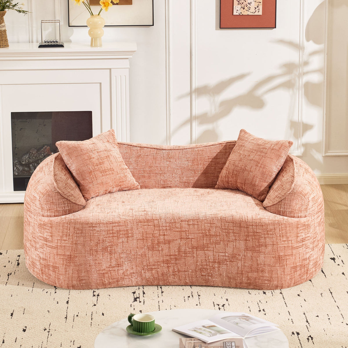 Sofa, curved two-seater with armrests and 2 cushions, cream linen