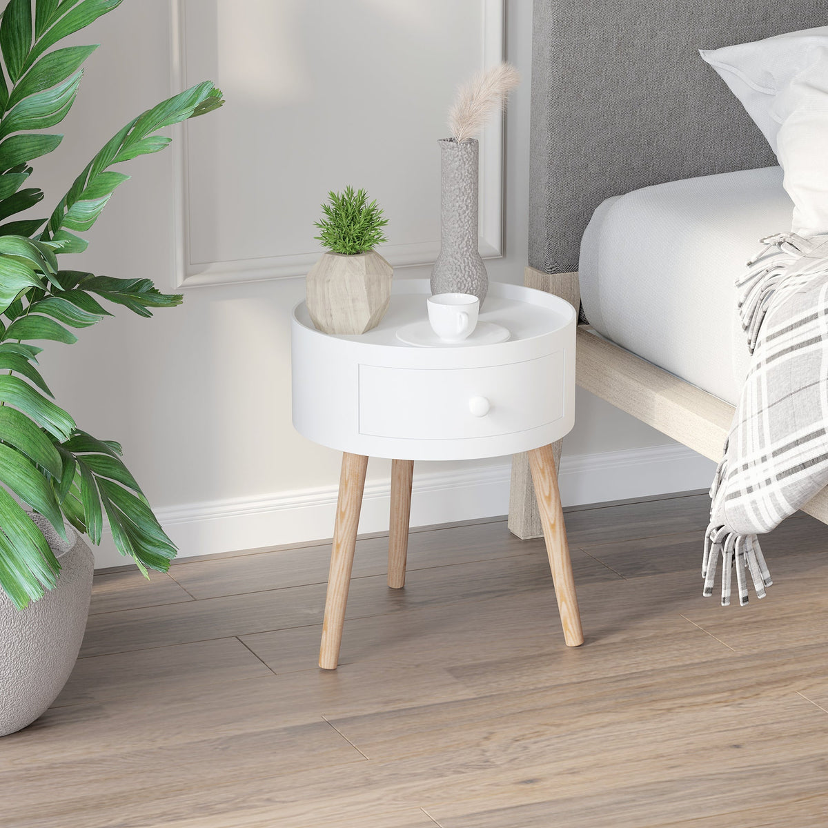 Coffee Table with Drawer, Round Side, 50 kg, White