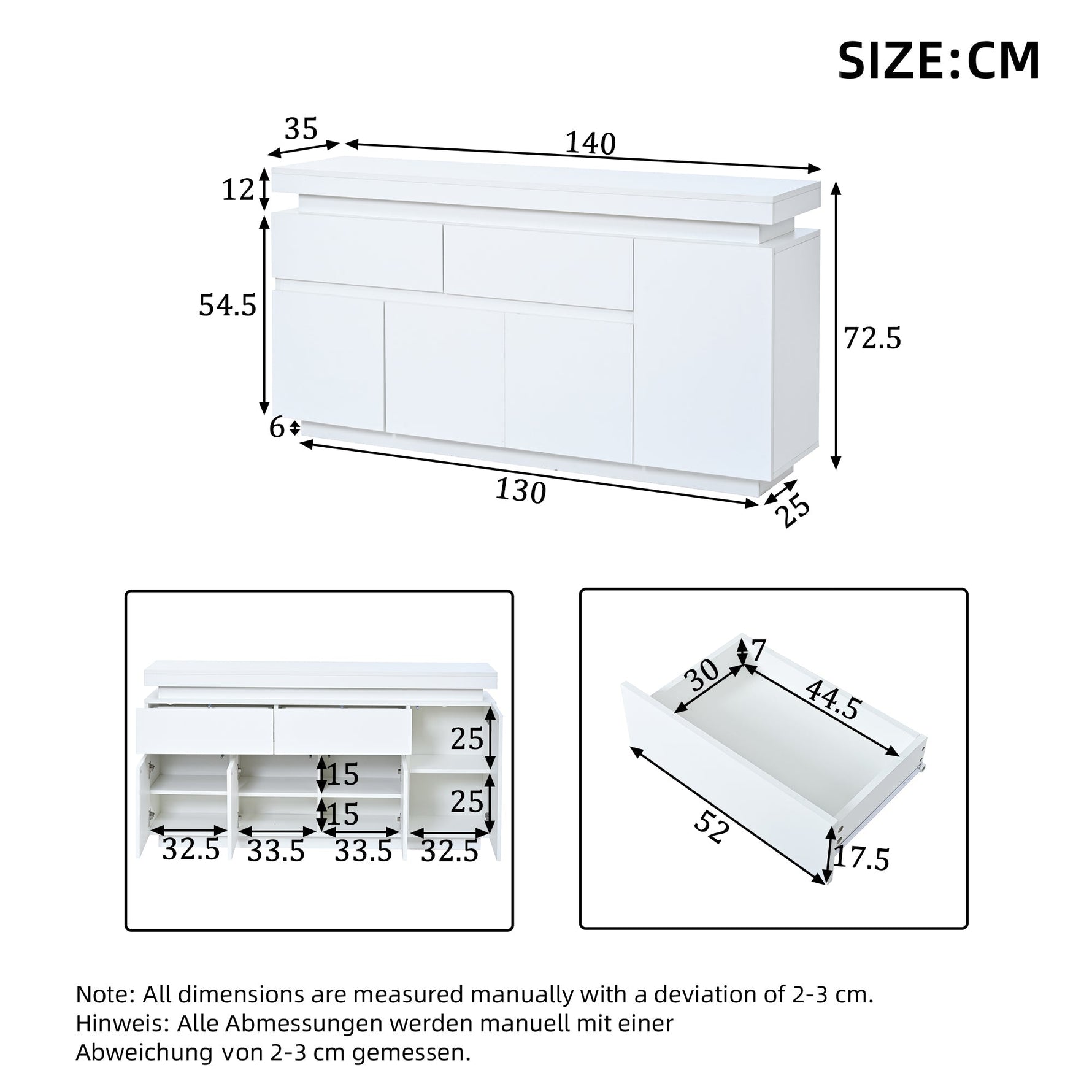Sideboard 140x35x72.5cm High-Gloss LED 2 Drawers 4 Doors - White