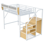 Loft Bed 140x200 with Safety Ladder & Storage, White Metal