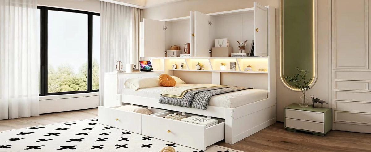 Multifunctional Bed 90x200cm with Desk, LED & Storage - White