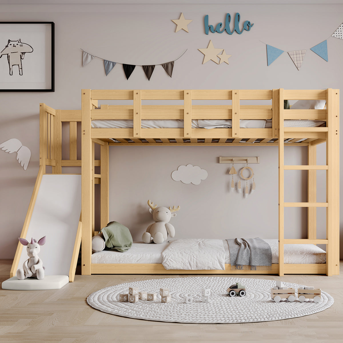 Children's Bunk Bed 90x200cm with Slide & Stairs, Natural Pine