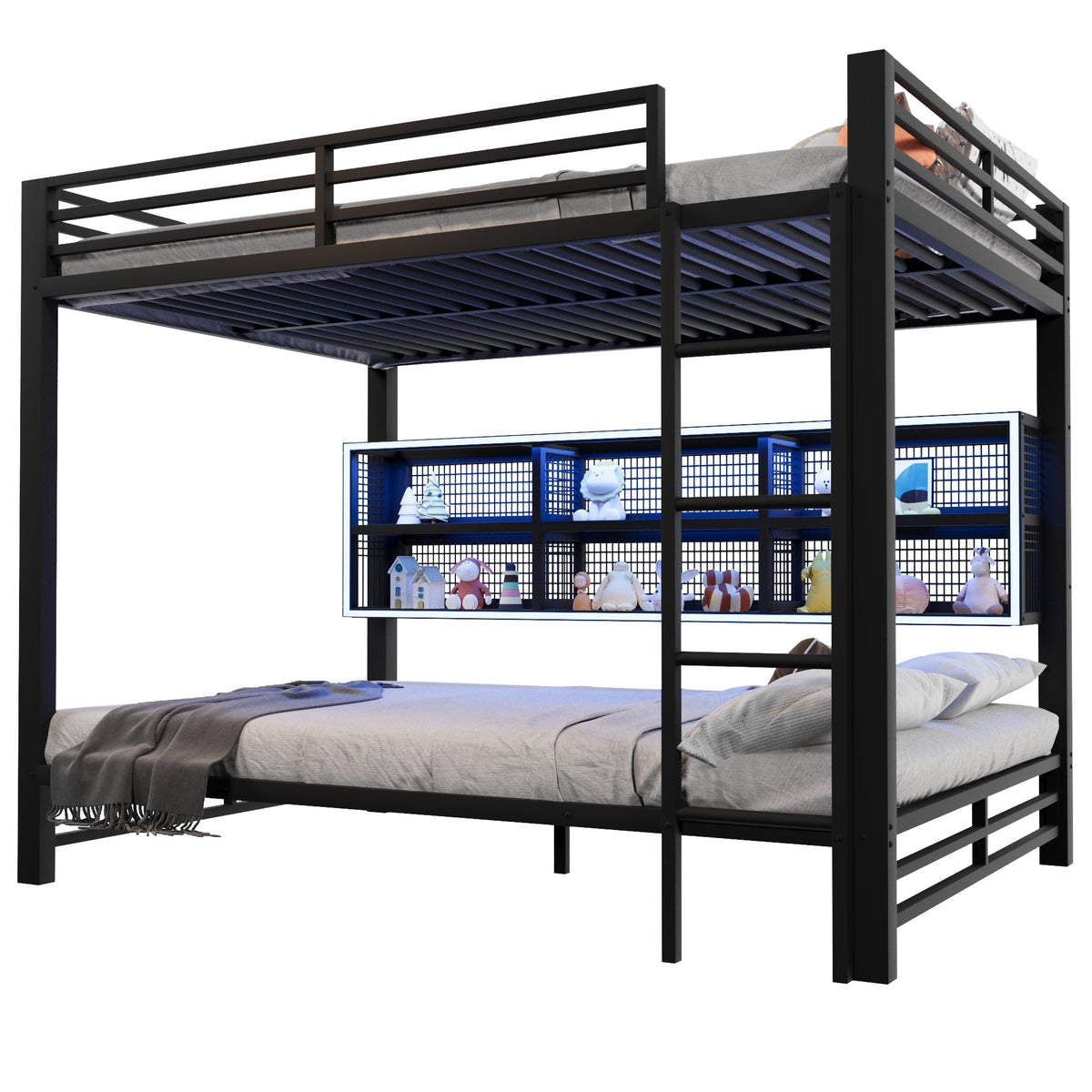 Bunk Bed 140x200 with Storage Cabinets LED Light Black
