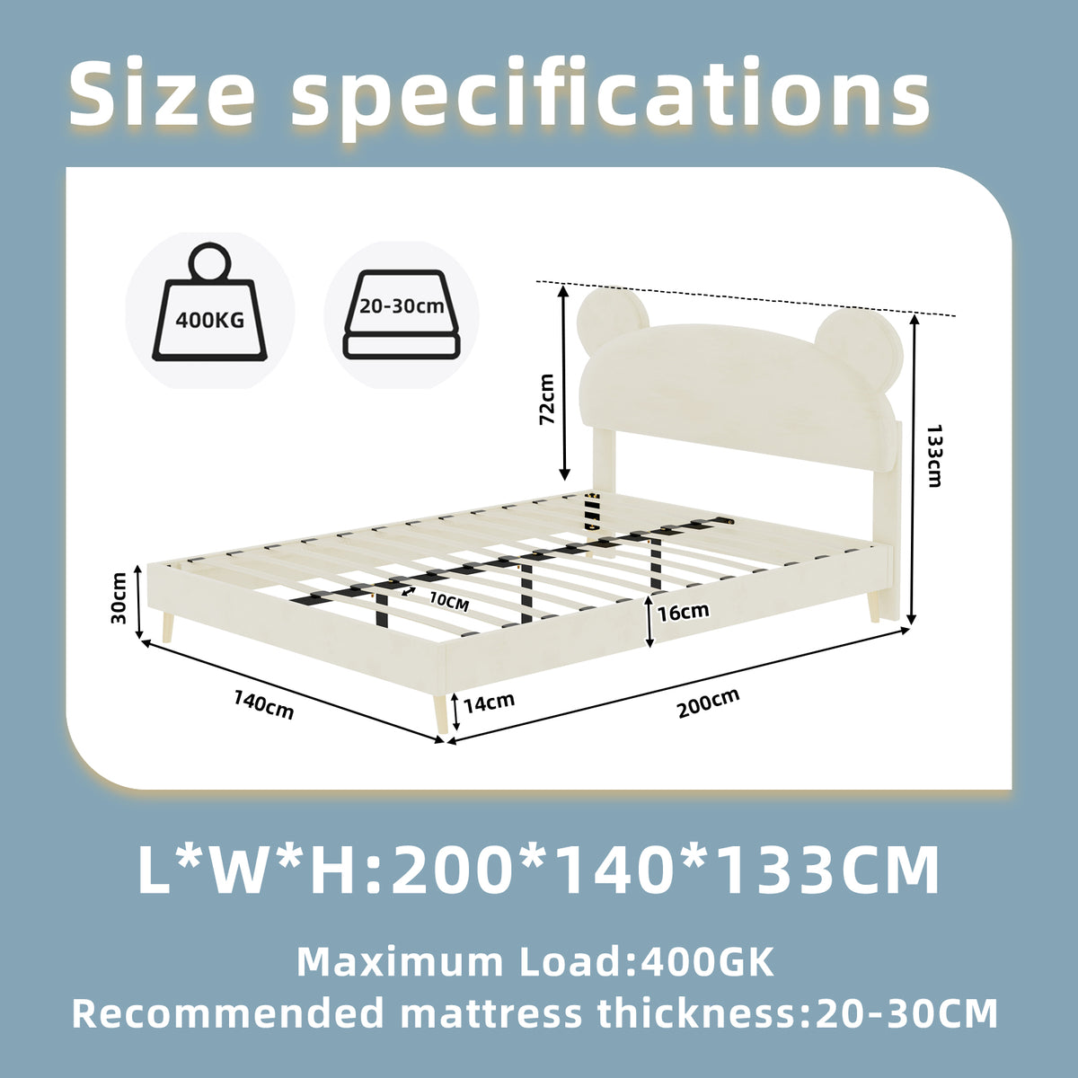 Modern Upholstered Bed 140x200cm with Mattress, Cartoon Design, Beige