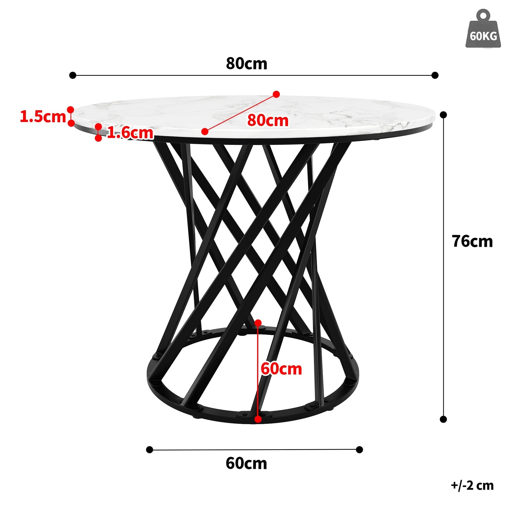 Round Dining Table 80cm for 4 Marbled MDF Top Black Metal Legs