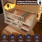 Mid-Height House Bed with Window, 4 Drawers and LED Light Strip, White