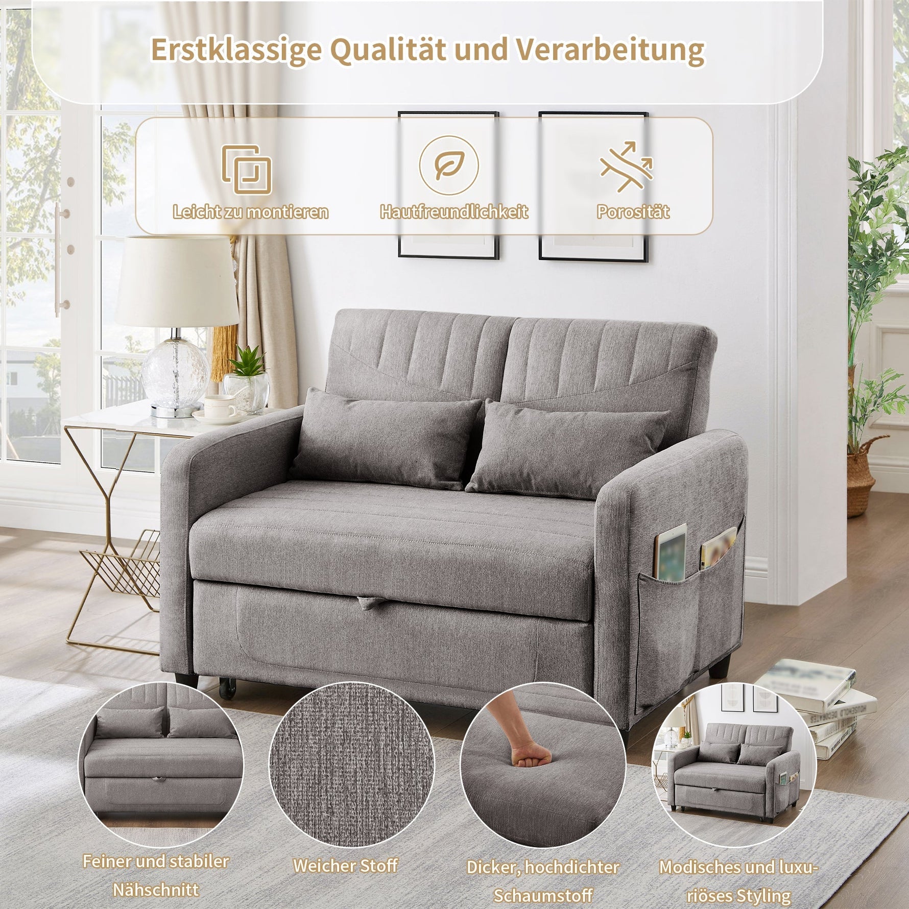 Two-Seater Sofa Bed with Adjustable Backrest and Pull-Out Design, Cotton-Linen Fabric