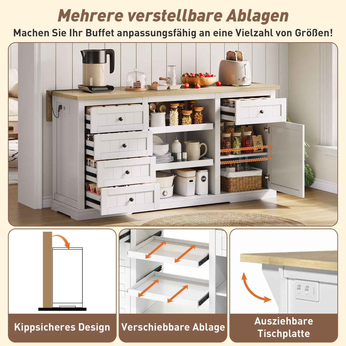 Sideboard/Kitchen Island/Bar Cabinet 5 Drawers 2 Shelves Extension Panel Sockets, White