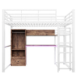 Loft Bed 140x200cm with LED Lights Desk Drawer Shelves Stairs Metal White
