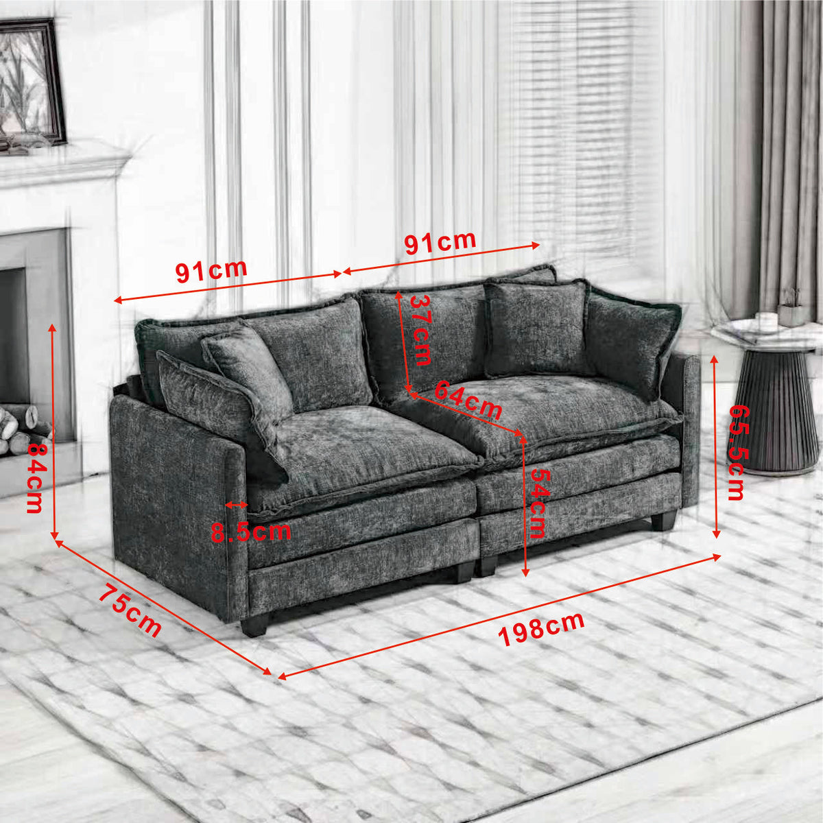 Cloud Sofa Loveseat, Modern Modular Sectional with Upholstered Seat Cushion, Blue Chenille Fabric