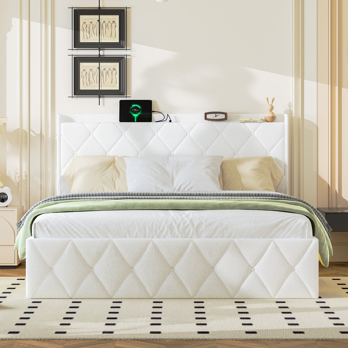 Upholstered Double Bed 160x200cm, USB LED & 6 Drawers, White Plush