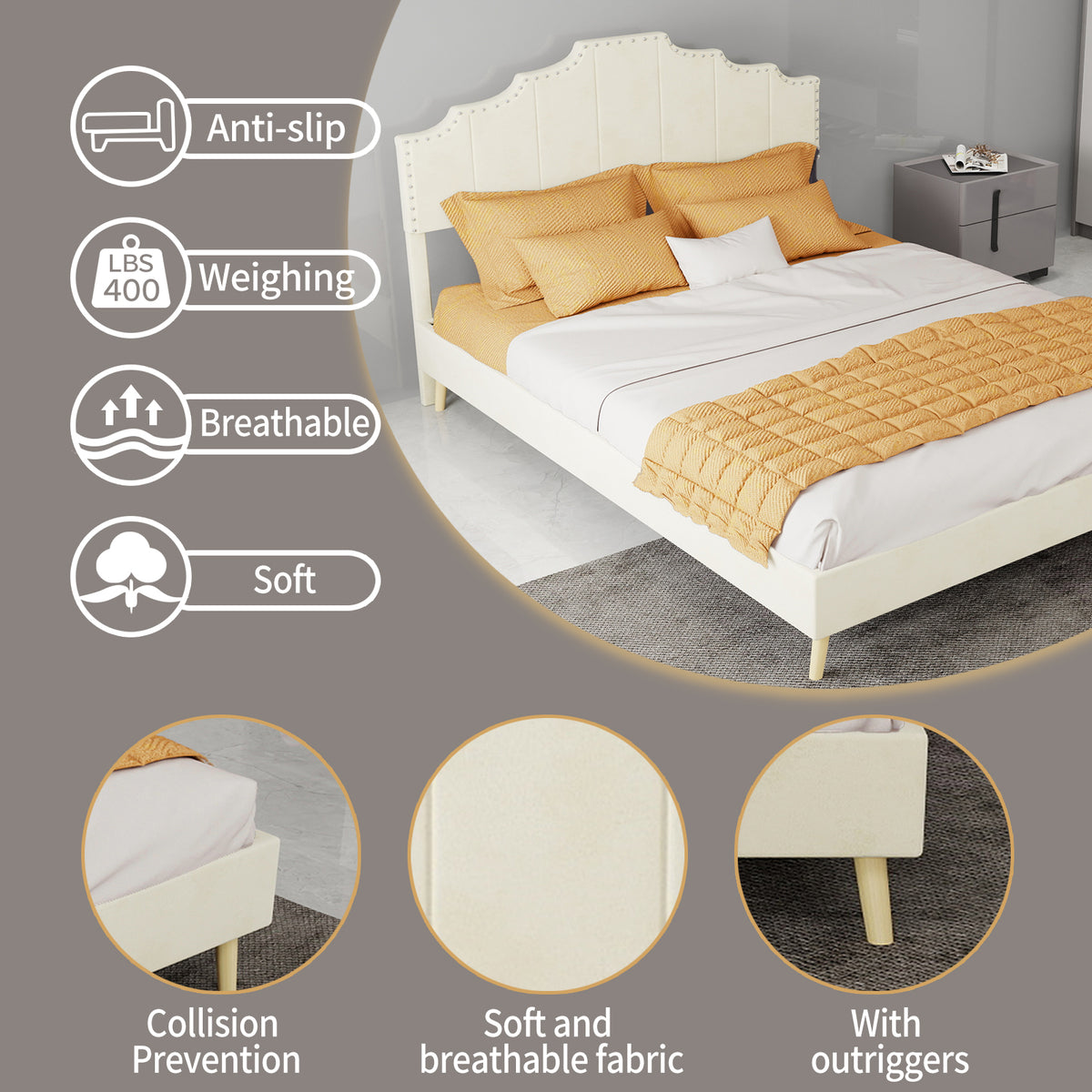 Modern Minimalist Soft Bed with Mattress 140x200cm, Beige