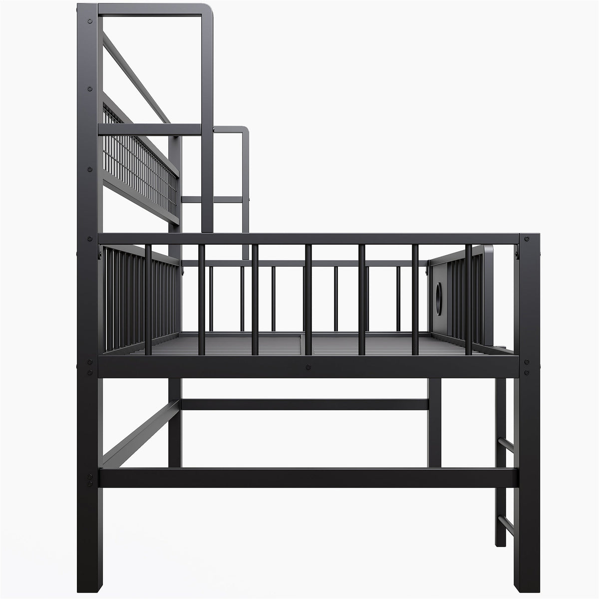 Low Loft Bed with Storage Compartments, 90x200cm, Black Metal