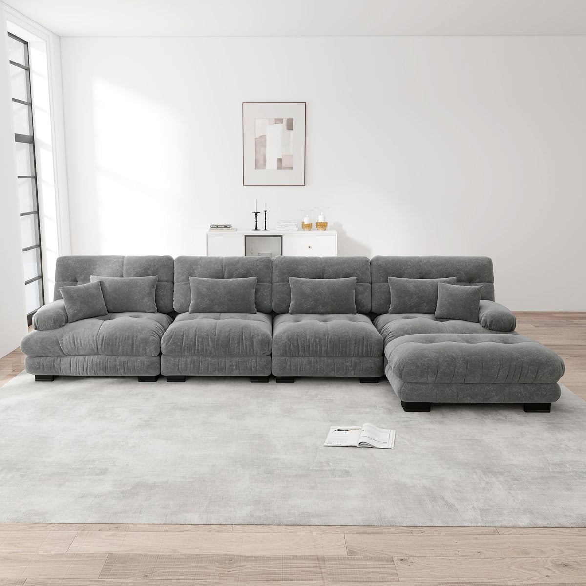 Modular Corner Sofa L-Shaped 4-Seater Couch Set Movable Ottoman DIY Chenille Grey