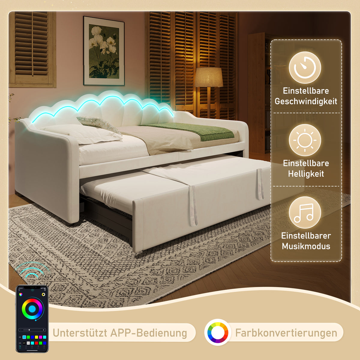 Daybed with Pull-Out Bed & LED Strip, 90x200cm, Beige Velvet