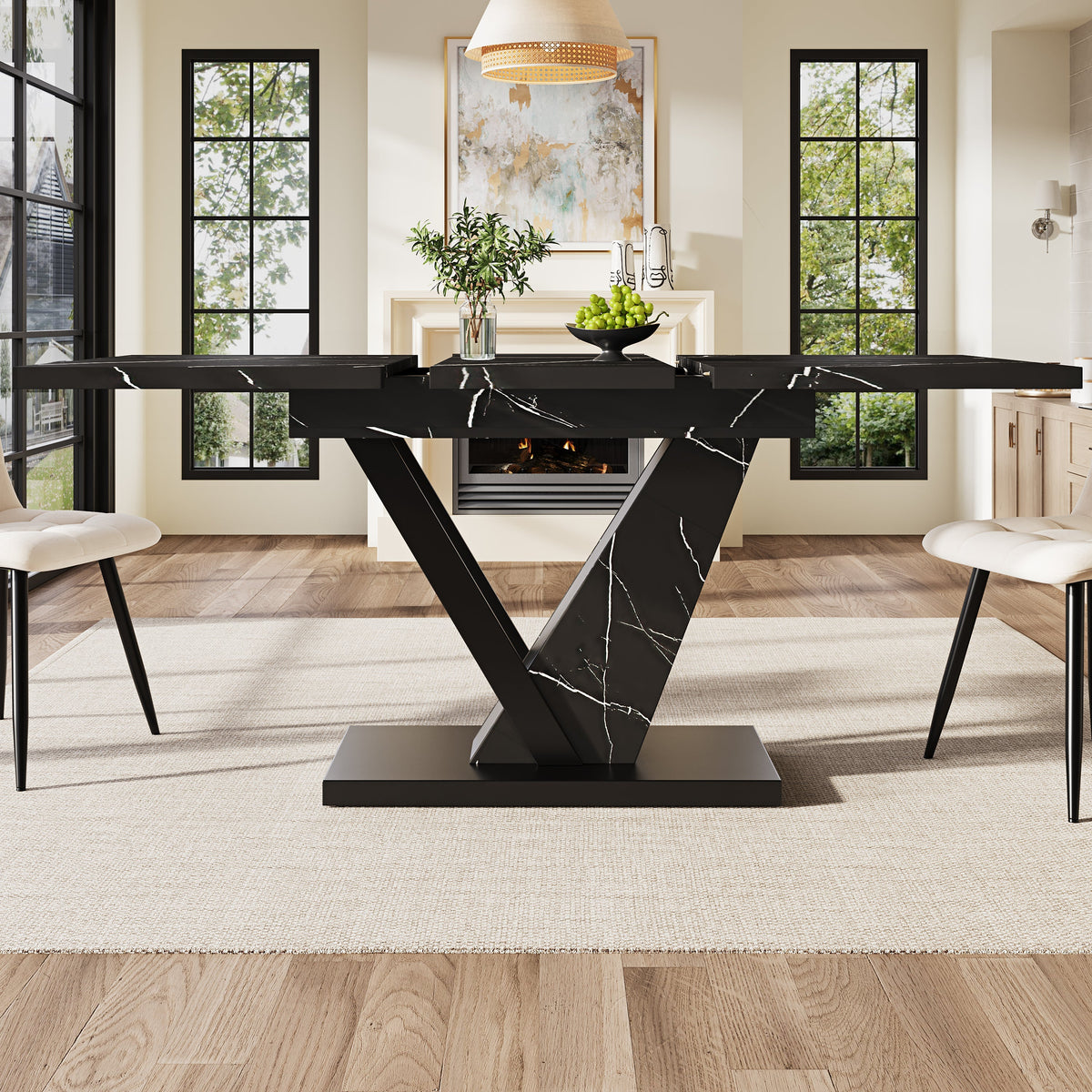 Telescopic Dining Table Extendable 120-160cm Marble Pattern - Black