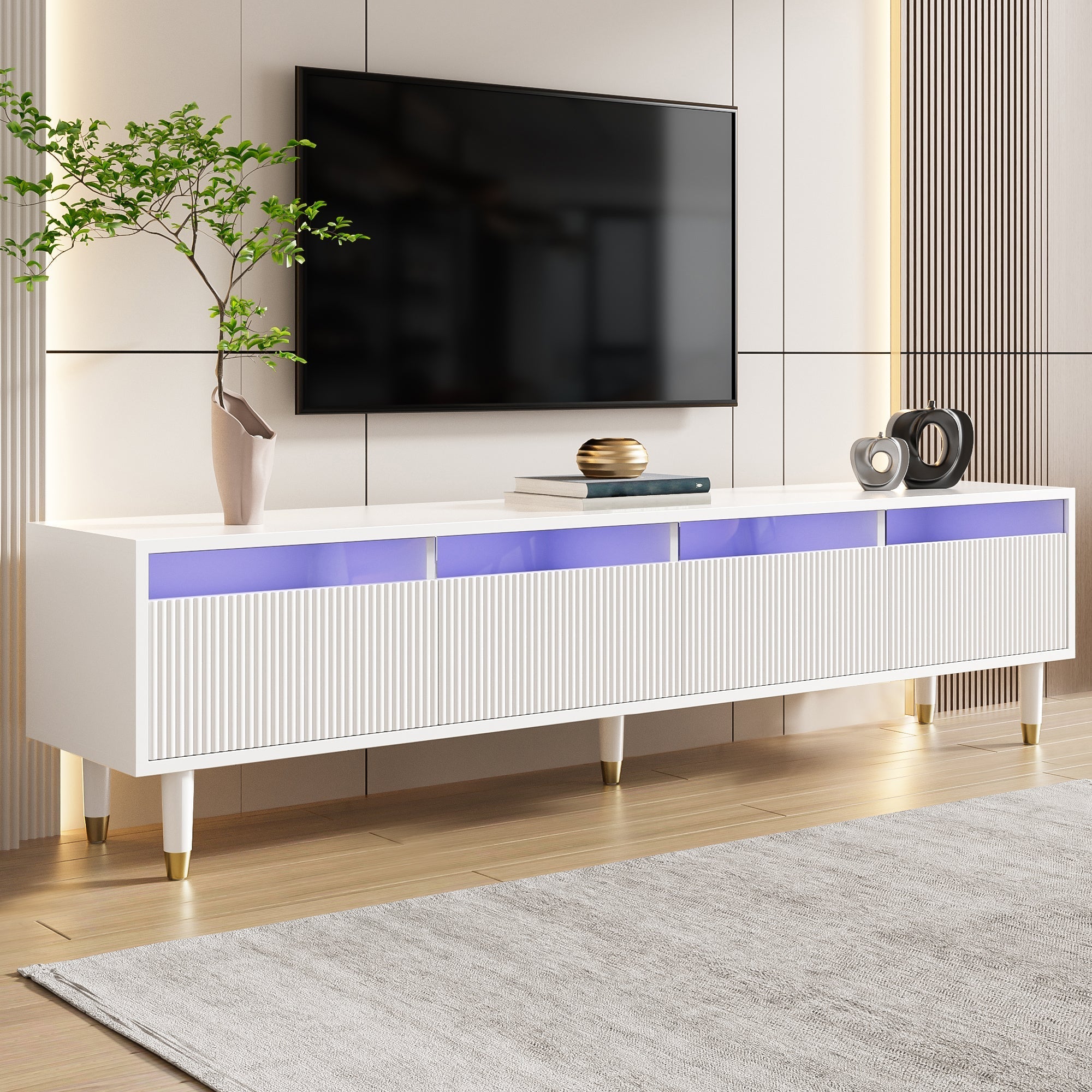 TV Cabinet 178cm, Minimalist Design, 4 Drawers, White MDF & Acrylic