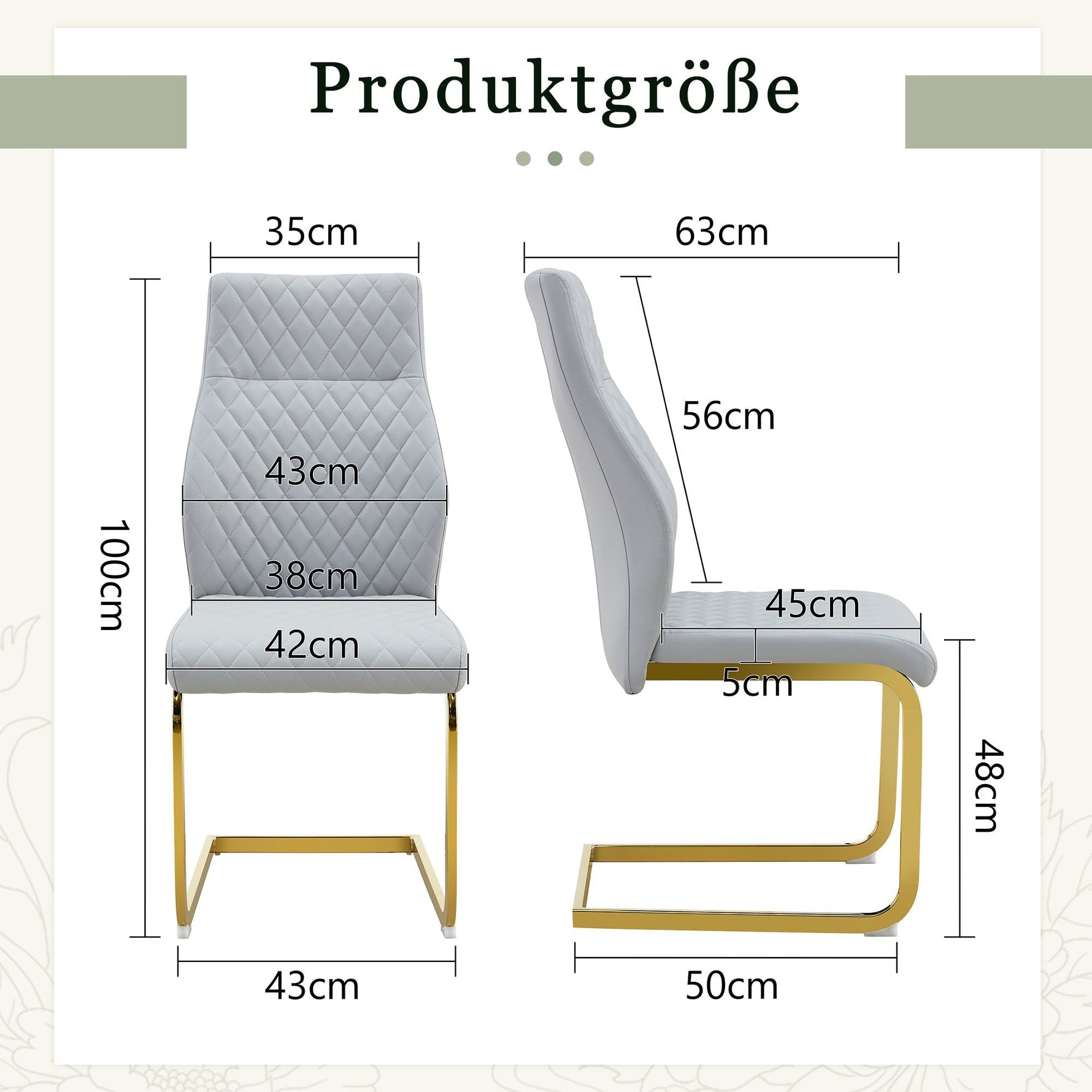 Dining Chair Set of 2, High Backrest and Gold Metal Frame, Light Grey PU Leather