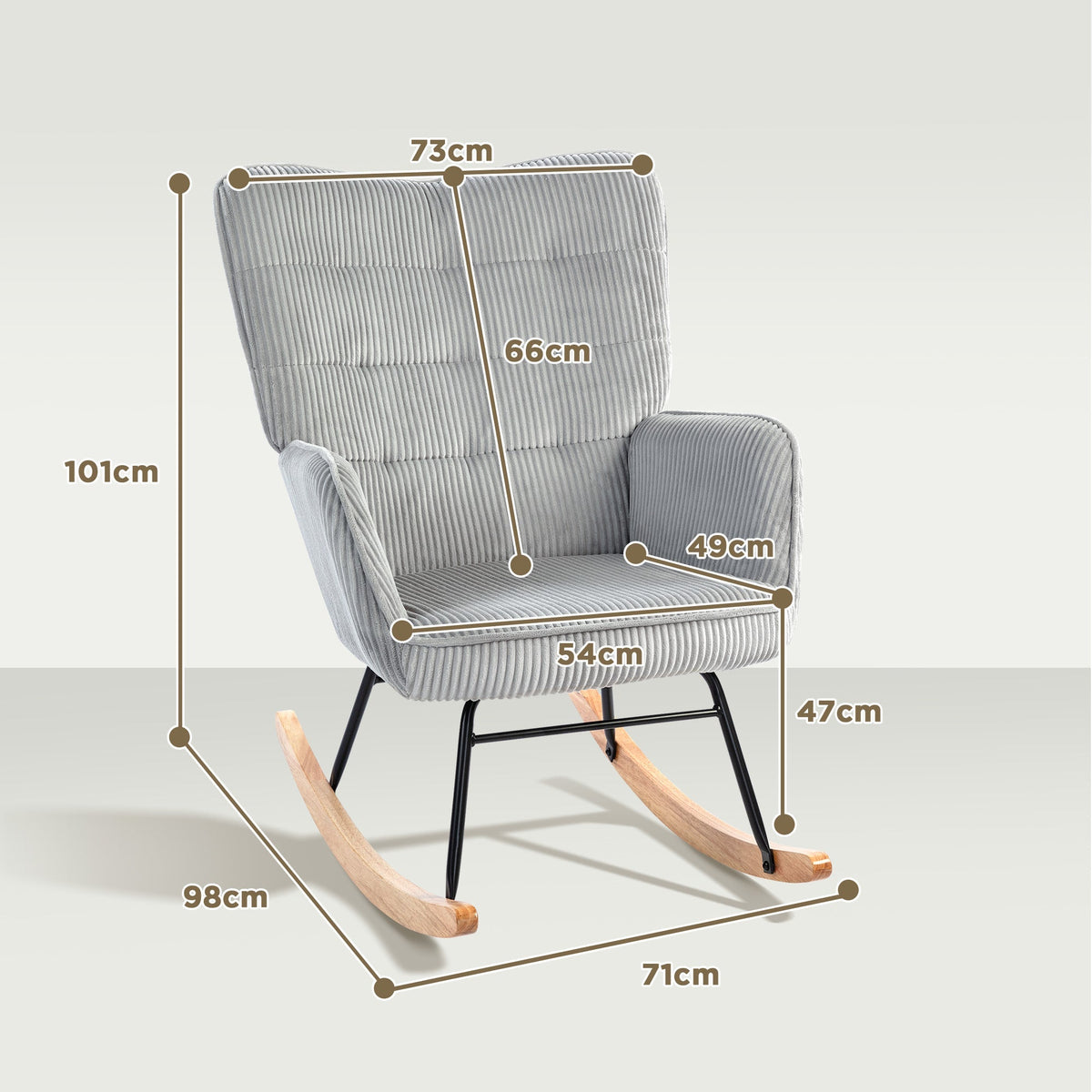 Rocking Chair, Armrests Recliner Wooden Base, Light Gray Corduroy