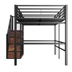 Loft Bed 140x200cm with Safety Ladder Iron Frame Storage Area - Black