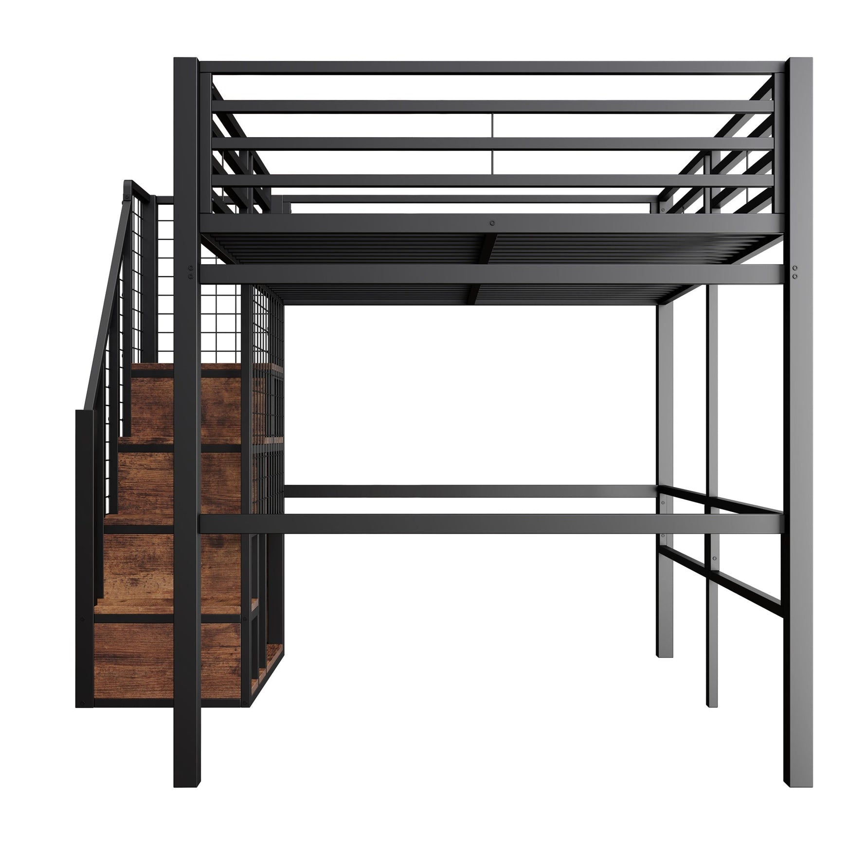 Loft Bed 140x200cm with Safety Ladder Iron Frame Storage Area - Black