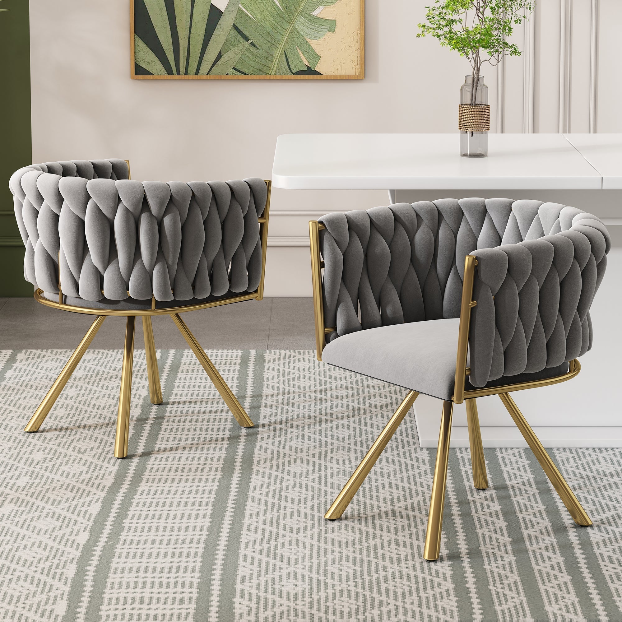 Velvet Dining Chair Set of 2 Swivel Metal Legs - Grey and Gold