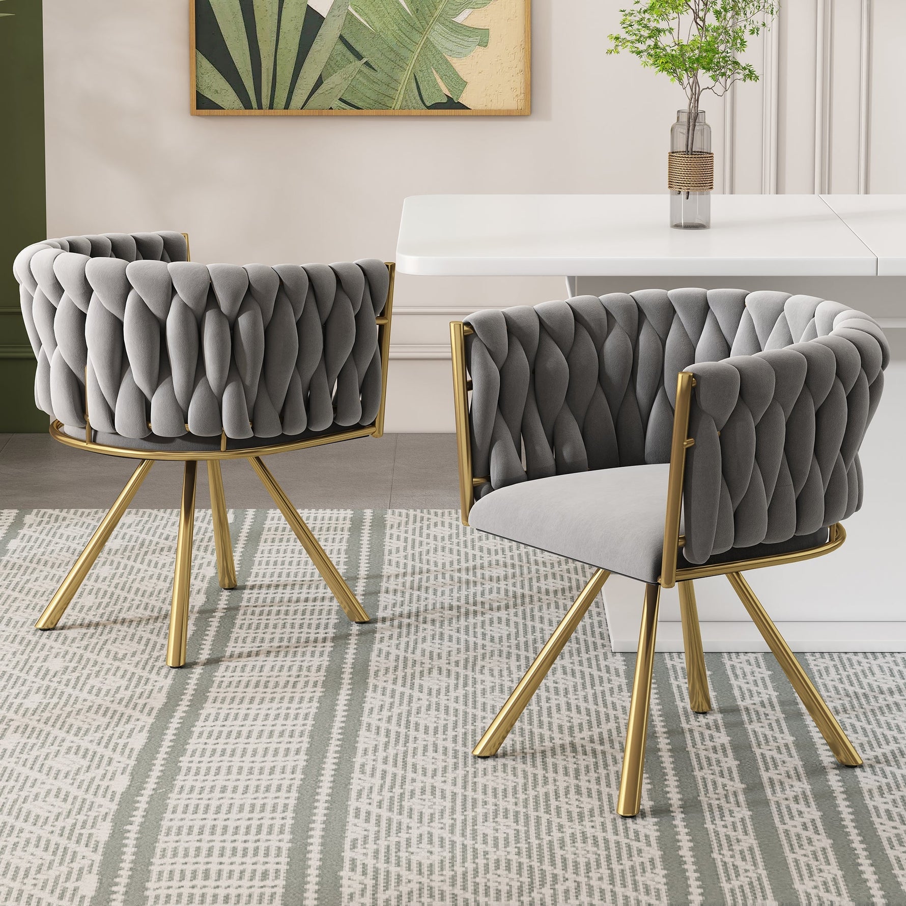 Velvet Dining Chair Set of 4 Swivel Metal Legs - Grey and Gold