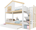 Bunk Bed 90x200cm with Trundle & Storage Ladder, White + Natural