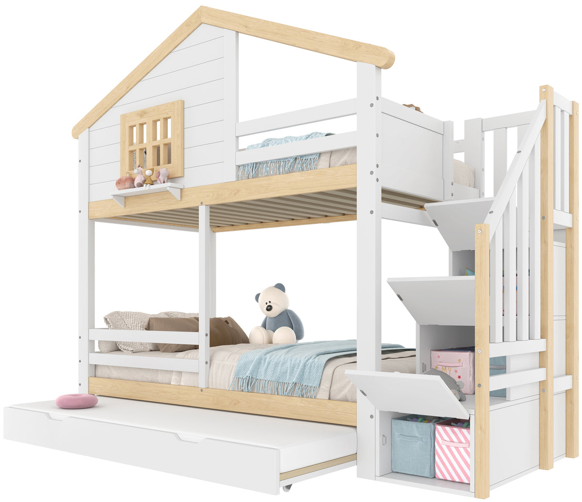 Bunk Bed 90x200cm with Trundle & Storage Ladder, White + Natural